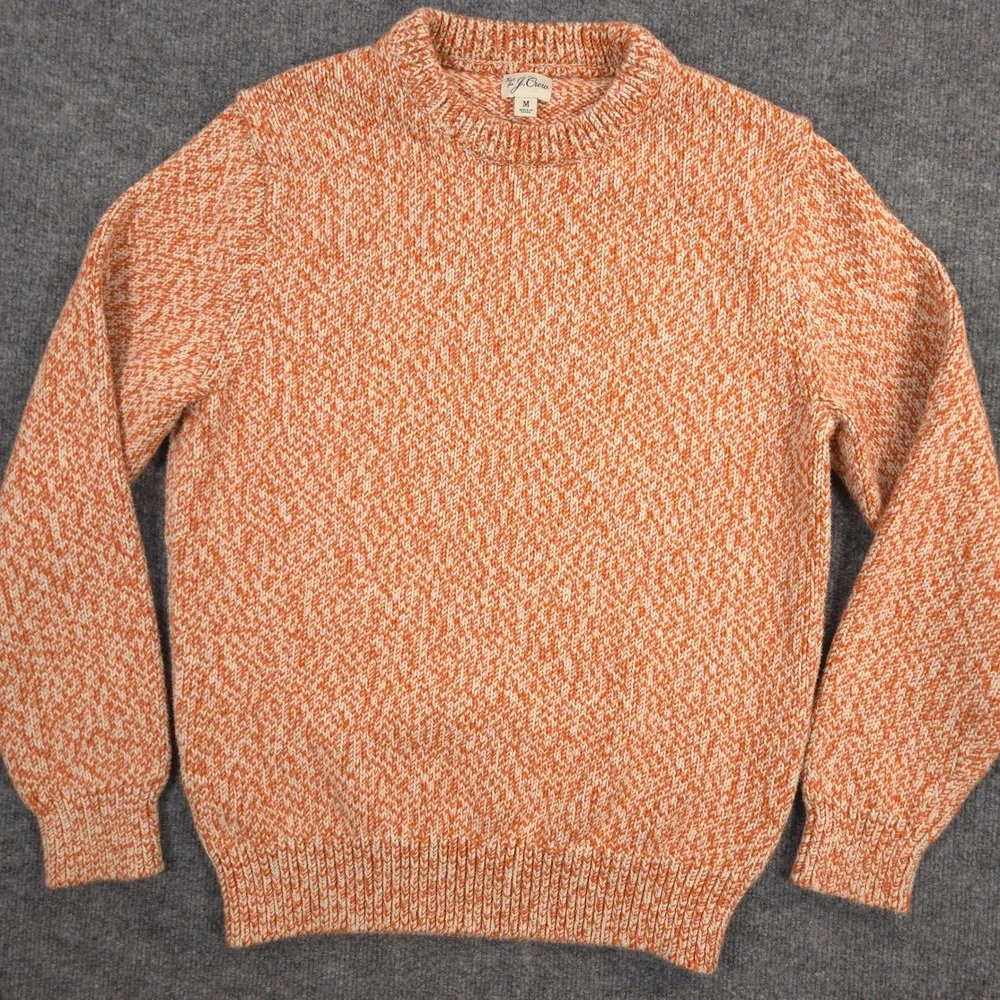 J Crew Marled Cotton Crewneck Sweater Mens M Orange Fisherman Heavyweight Preppy